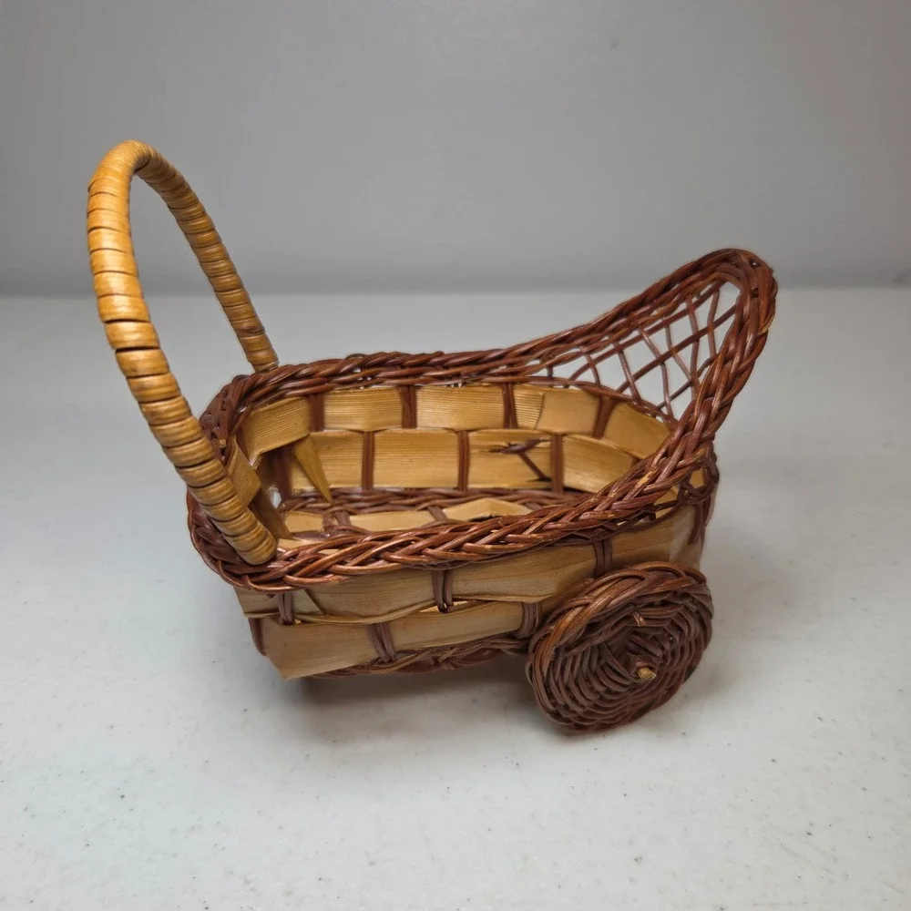 Vintage Miniature Wicker Basket Wagon Small Decorative Cart Brown Wood